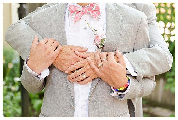 gray wedding suit with pink bow tie
